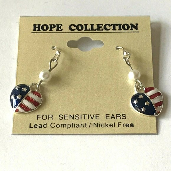 USA American Flag Heart Earrings Stars Pearls Patriotic July 4 Silver Plated - Picture 4 of 8